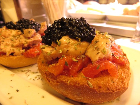 Anything topped with caviar is wonderful in my book heheh--this with marinated tomatoes, canned tuna, drizzled in their distinctive olive oil, and of course a hearty scoop of caviar.