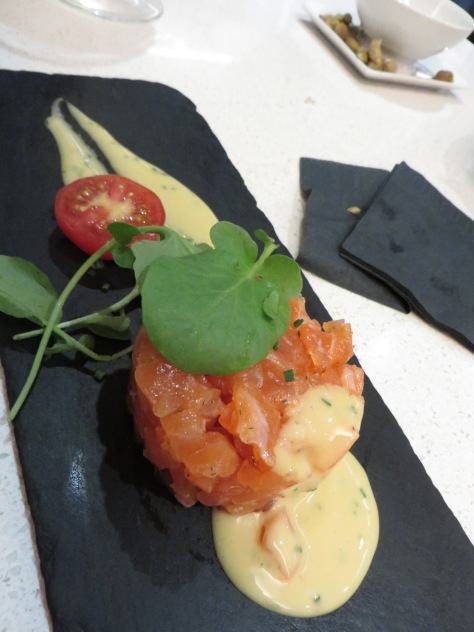 Unexpected to have in Spain--A fresh, creamy stack of salmon crudo
